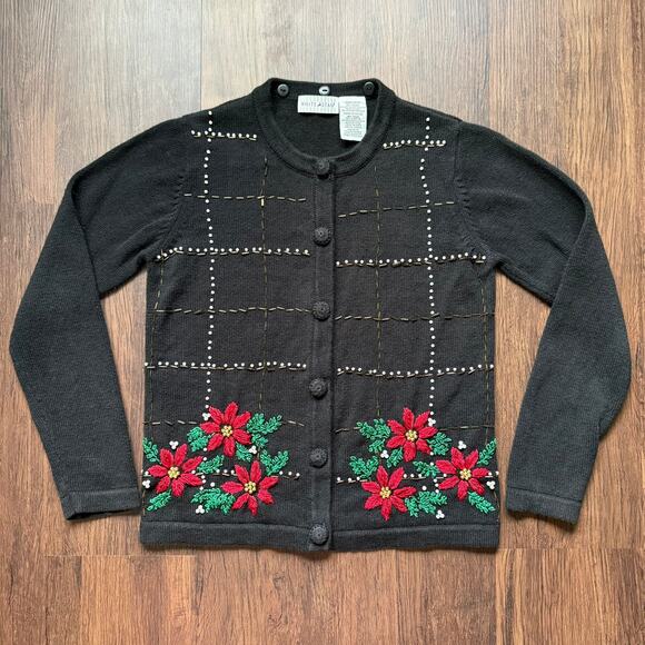White Stag Black Poinsettia Embroidered Holiday Cardigan Women’s Small - Picture 12 of 12